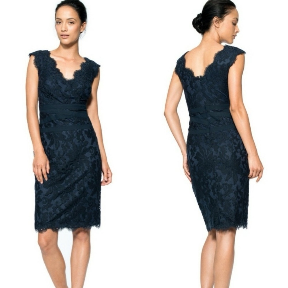 Tadashi Shoji Embroidered V-neck Lace Dress in Dark Teal Size 8